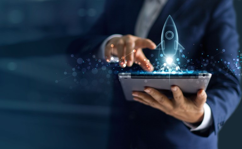 Startup,Business,Concept,,Businessman,Holding,Tablet,And,Icon,Transparent,Rocket